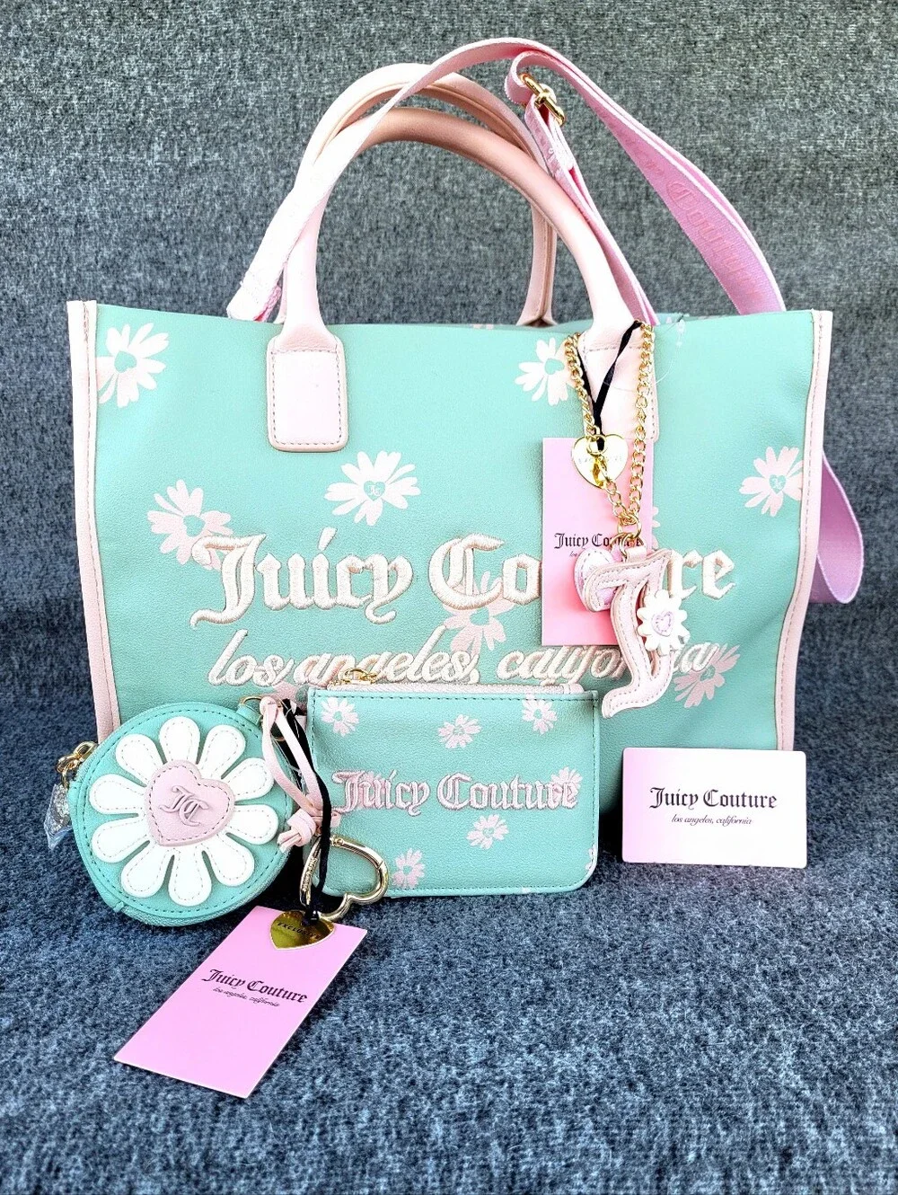 Juicy Couture Daisy For Juicy Tote Frosty Green Pink With Matching Card Wallet